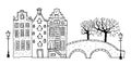 Amsterdam street scene. Vector outline sketch hand drawn illustration. Three houses with bridge, lantern, trees